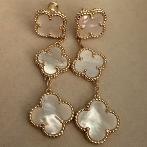 18 K gold mother of pearl triple four leaf  clover 2.1/2”drop earrings
